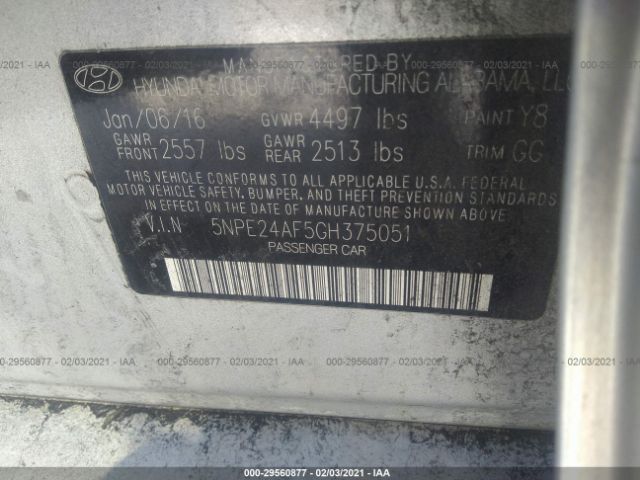 Photo 8 VIN: 5NPE24AF5GH375051 - HYUNDAI SONATA 