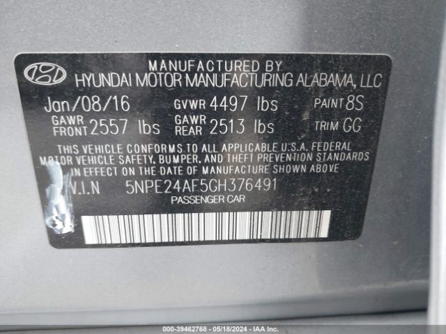 Photo 8 VIN: 5NPE24AF5GH376491 - HYUNDAI SONATA 