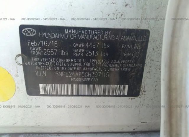 Photo 8 VIN: 5NPE24AF5GH397115 - HYUNDAI SONATA 