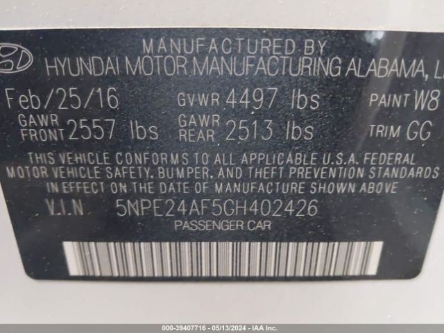 Photo 8 VIN: 5NPE24AF5GH402426 - HYUNDAI SONATA 