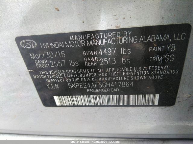 Photo 8 VIN: 5NPE24AF5GH417864 - HYUNDAI SONATA 