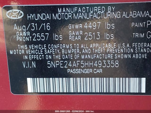 Photo 8 VIN: 5NPE24AF5HH493358 - HYUNDAI SONATA 