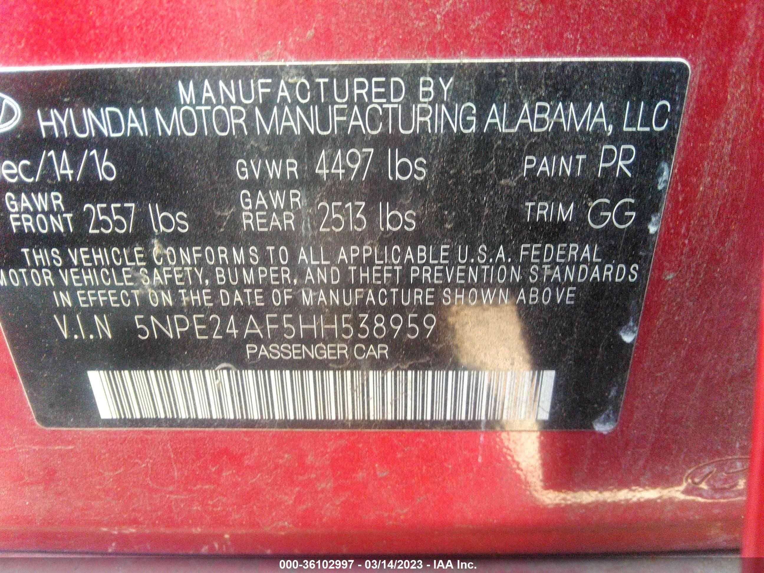 Photo 8 VIN: 5NPE24AF5HH538959 - HYUNDAI SONATA 