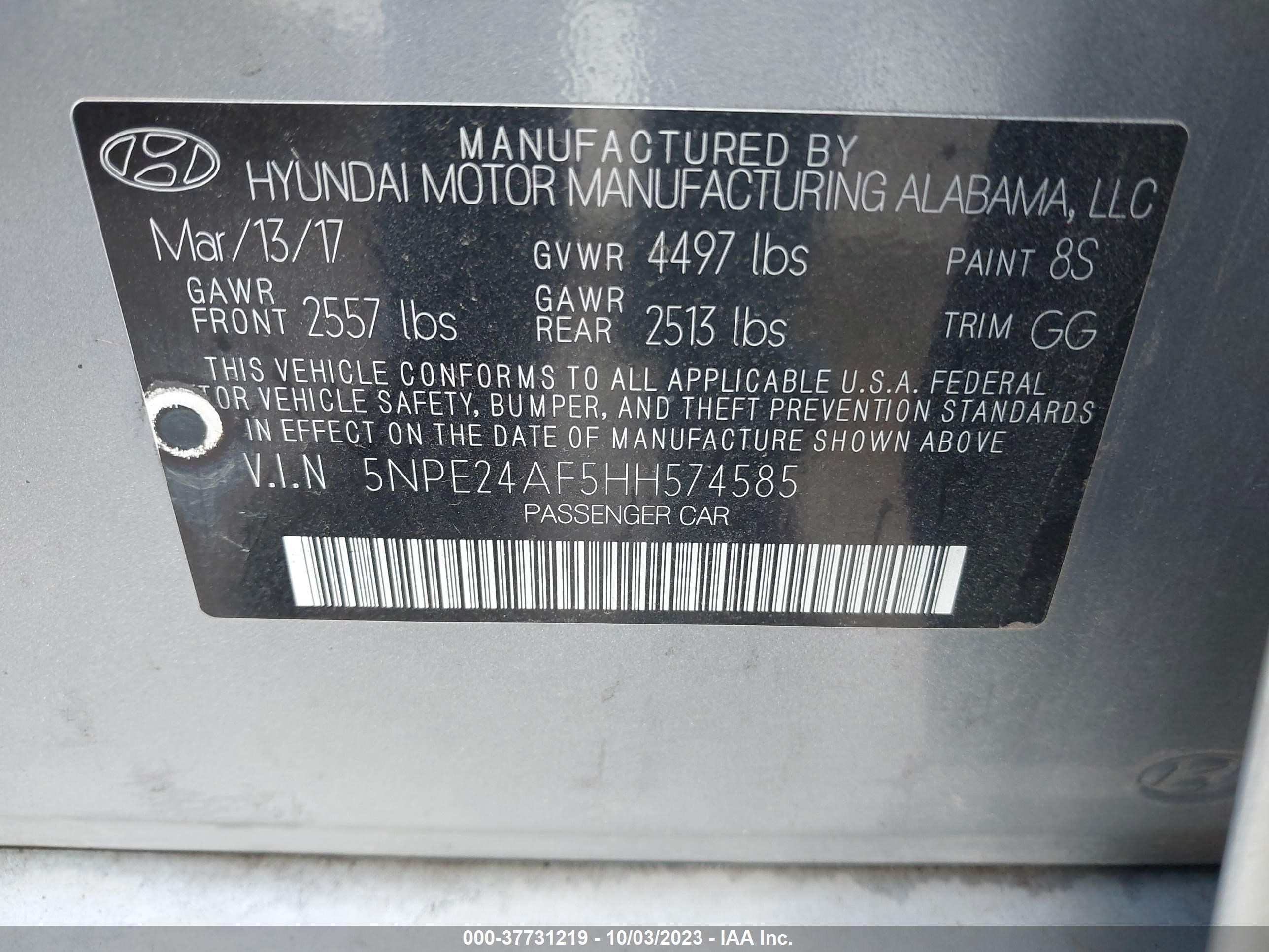 Photo 8 VIN: 5NPE24AF5HH574585 - HYUNDAI SONATA 