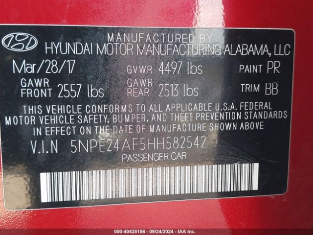 Photo 8 VIN: 5NPE24AF5HH582542 - HYUNDAI SONATA 