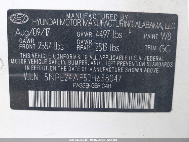 Photo 8 VIN: 5NPE24AF5JH638047 - HYUNDAI SONATA 