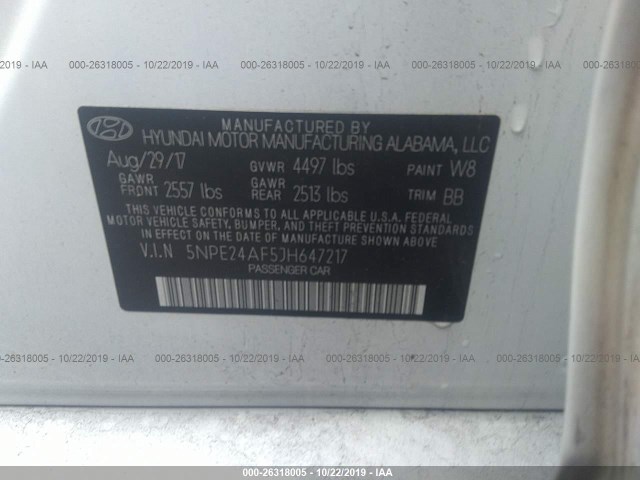 Photo 8 VIN: 5NPE24AF5JH647217 - HYUNDAI SONATA 