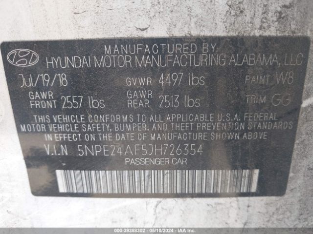 Photo 8 VIN: 5NPE24AF5JH726354 - HYUNDAI SONATA 