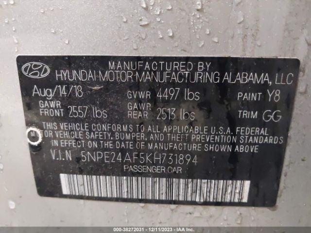 Photo 8 VIN: 5NPE24AF5KH731894 - HYUNDAI SONATA 