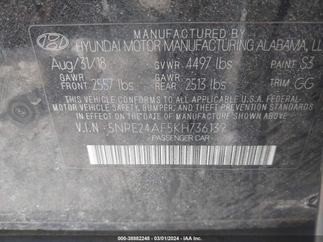 Photo 8 VIN: 5NPE24AF5KH736139 - HYUNDAI SONATA 