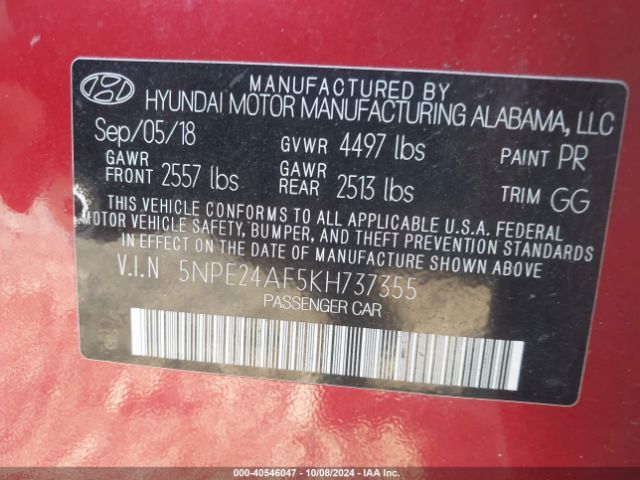 Photo 8 VIN: 5NPE24AF5KH737355 - HYUNDAI SONATA 