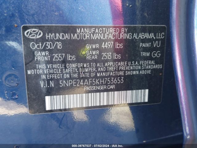 Photo 8 VIN: 5NPE24AF5KH753653 - HYUNDAI SONATA 