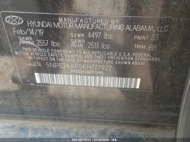 Photo 8 VIN: 5NPE24AF5KH777922 - HYUNDAI SONATA 