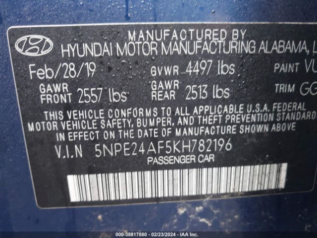 Photo 8 VIN: 5NPE24AF5KH782196 - HYUNDAI SONATA 