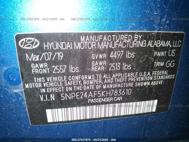 Photo 8 VIN: 5NPE24AF5KH783610 - HYUNDAI SONATA 