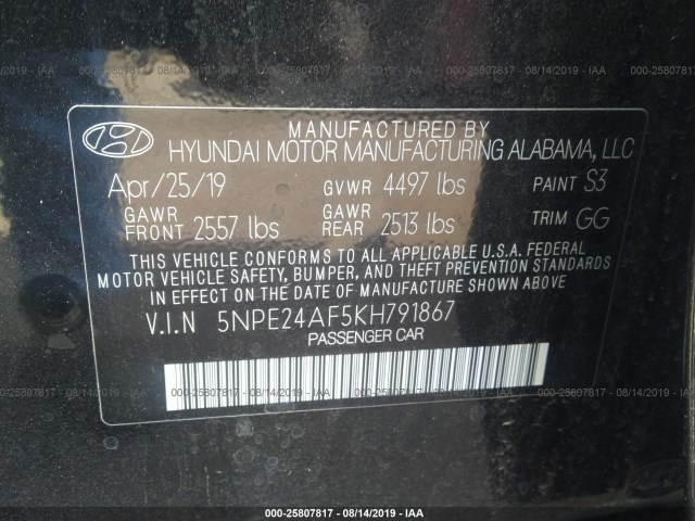 Photo 8 VIN: 5NPE24AF5KH791867 - HYUNDAI SONATA 