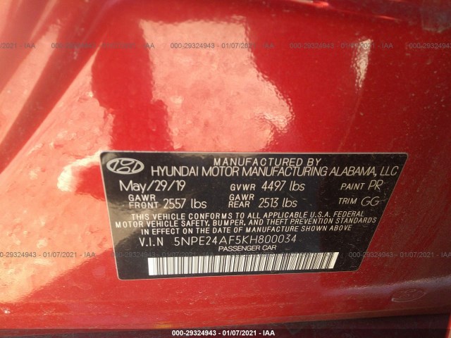 Photo 8 VIN: 5NPE24AF5KH800034 - HYUNDAI SONATA 