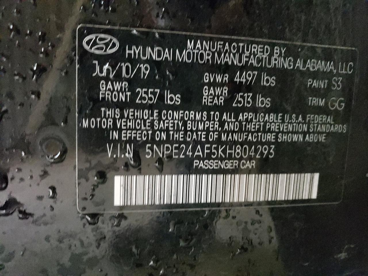 Photo 11 VIN: 5NPE24AF5KH804293 - HYUNDAI SONATA 