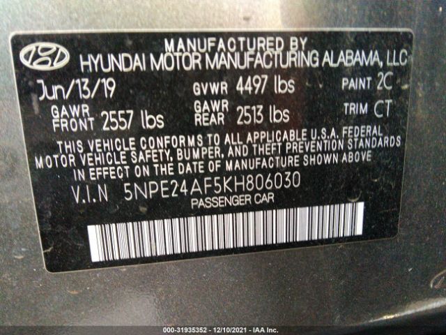 Photo 8 VIN: 5NPE24AF5KH806030 - HYUNDAI SONATA 