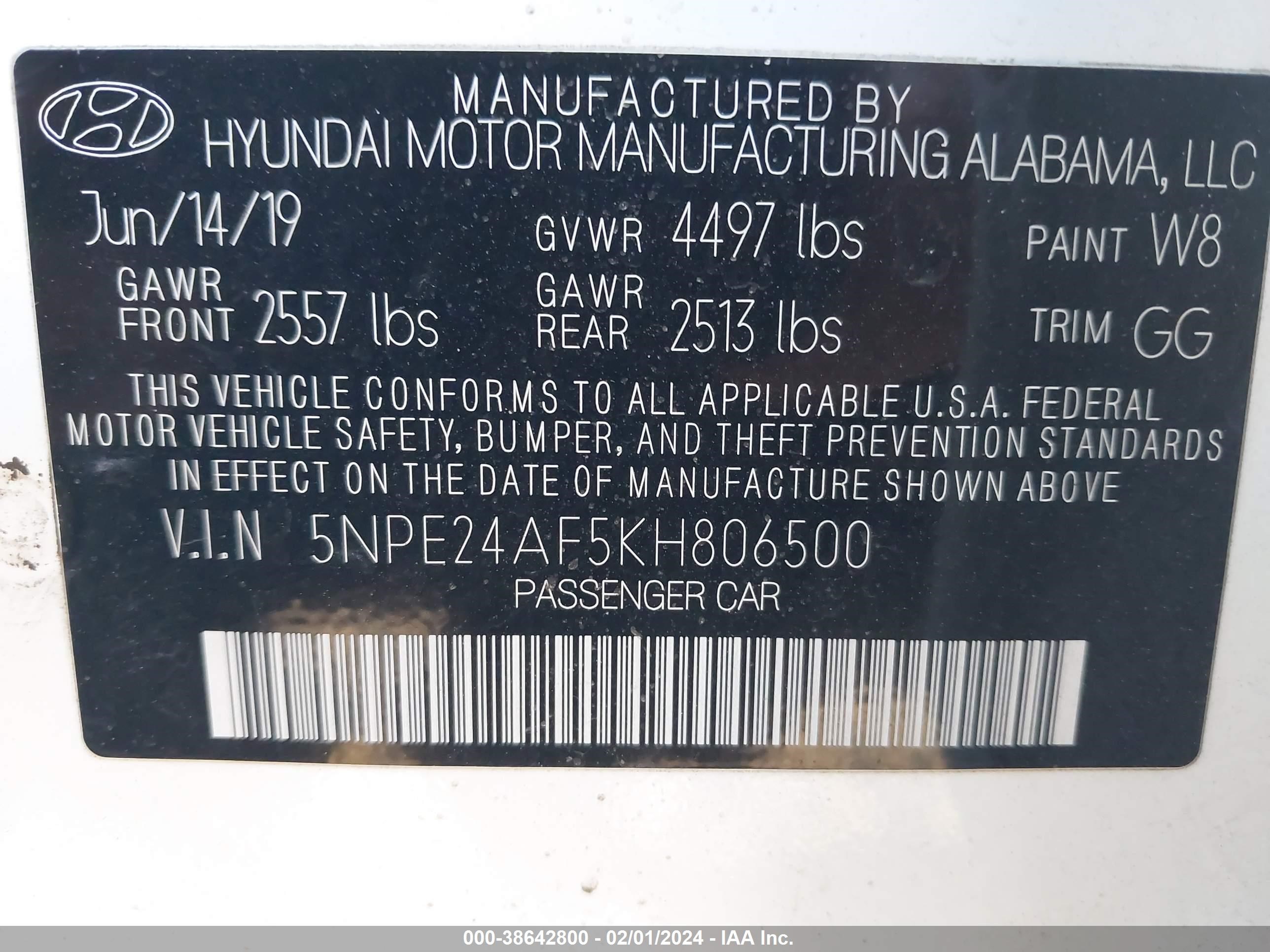 Photo 8 VIN: 5NPE24AF5KH806500 - HYUNDAI SONATA 