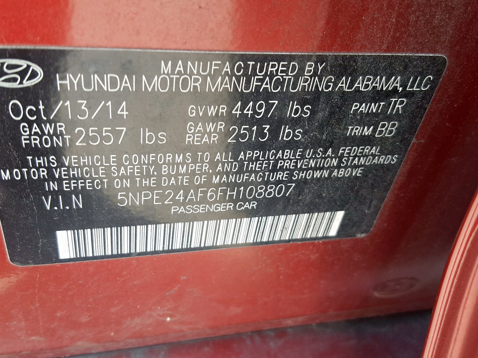 Photo 9 VIN: 5NPE24AF6FH108807 - HYUNDAI SONATA SE 