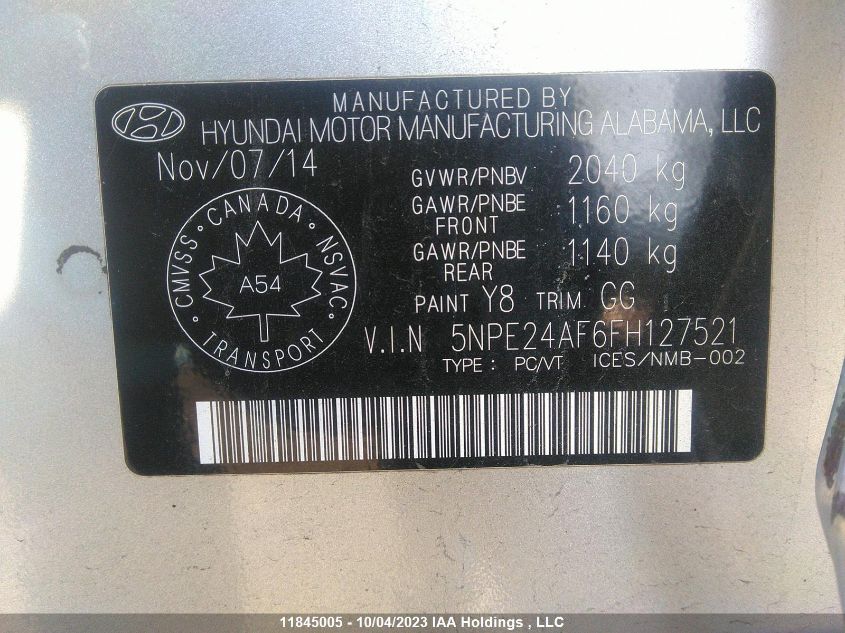 Photo 8 VIN: 5NPE24AF6FH127521 - HYUNDAI SONATA 