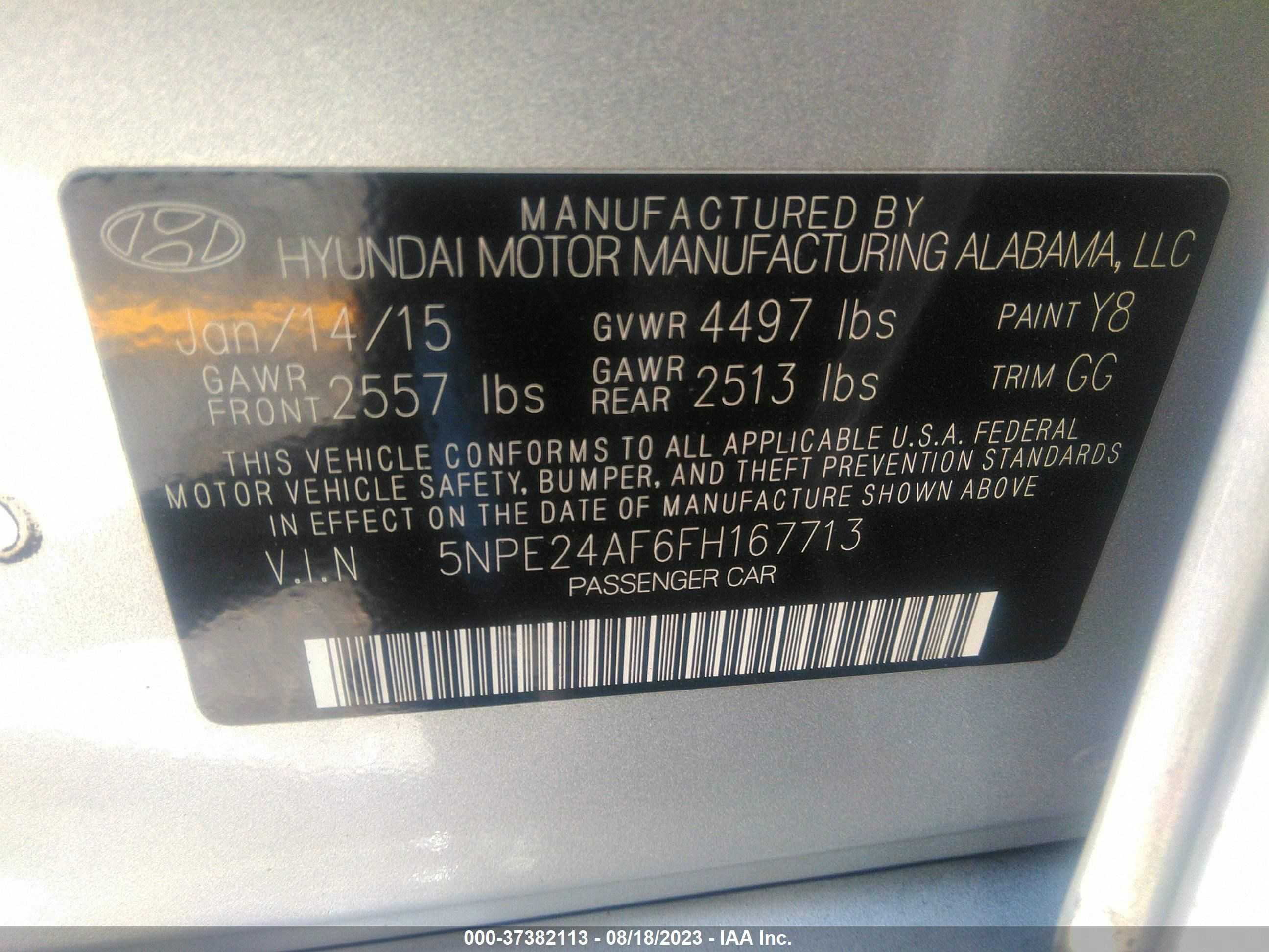 Photo 8 VIN: 5NPE24AF6FH167713 - HYUNDAI SONATA 