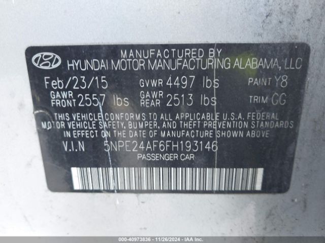 Photo 8 VIN: 5NPE24AF6FH193146 - HYUNDAI SONATA 