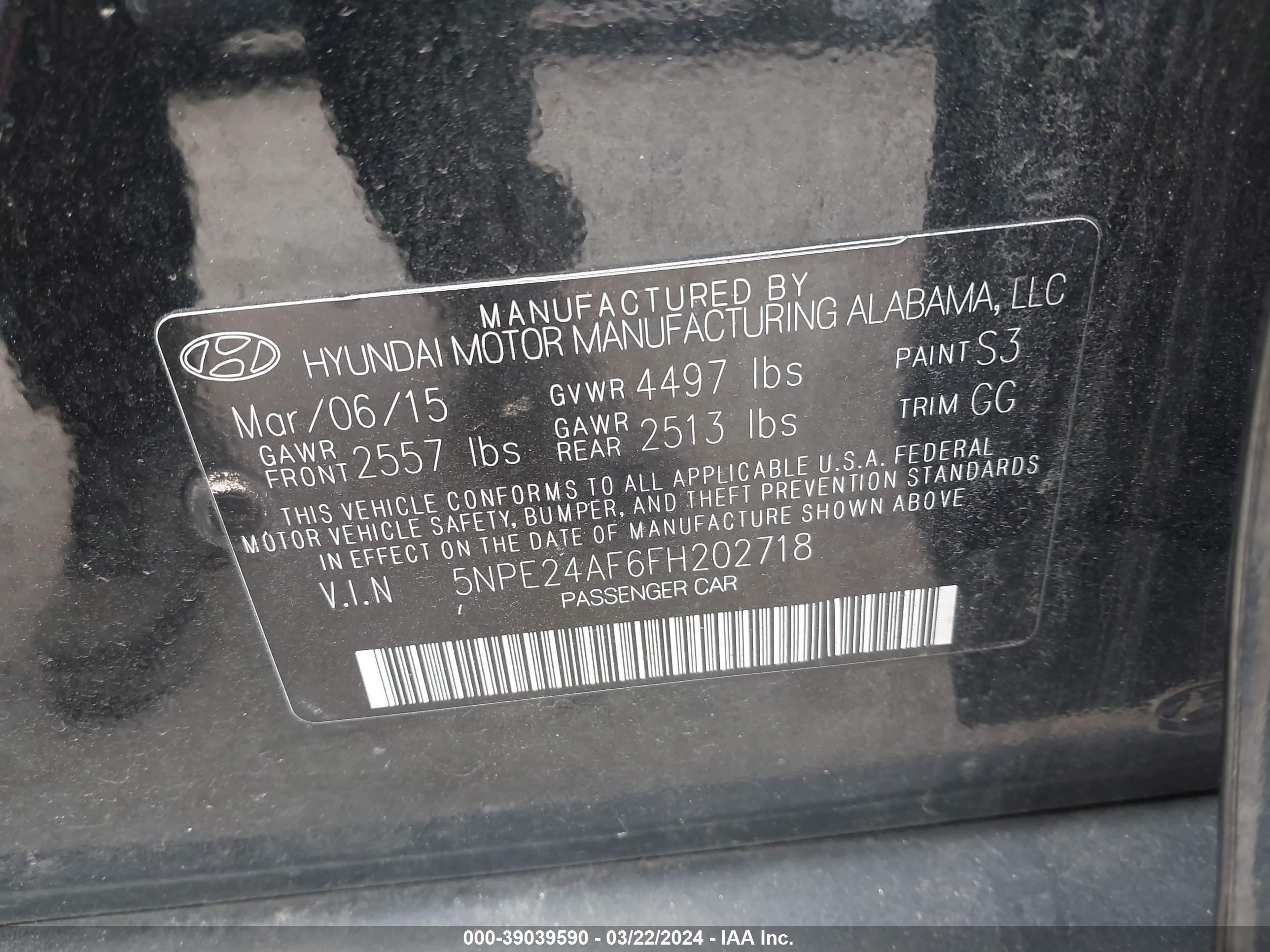 Photo 8 VIN: 5NPE24AF6FH202718 - HYUNDAI SONATA 