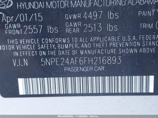 Photo 8 VIN: 5NPE24AF6FH216893 - HYUNDAI SONATA 