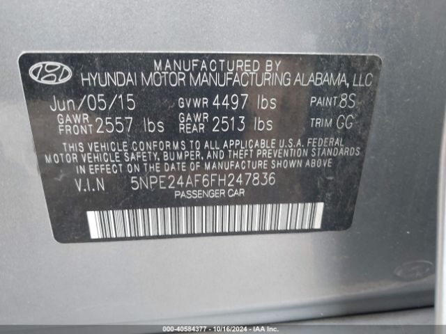 Photo 8 VIN: 5NPE24AF6FH247836 - HYUNDAI SONATA 