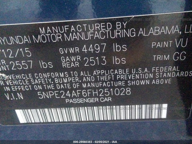 Photo 8 VIN: 5NPE24AF6FH251028 - HYUNDAI SONATA 