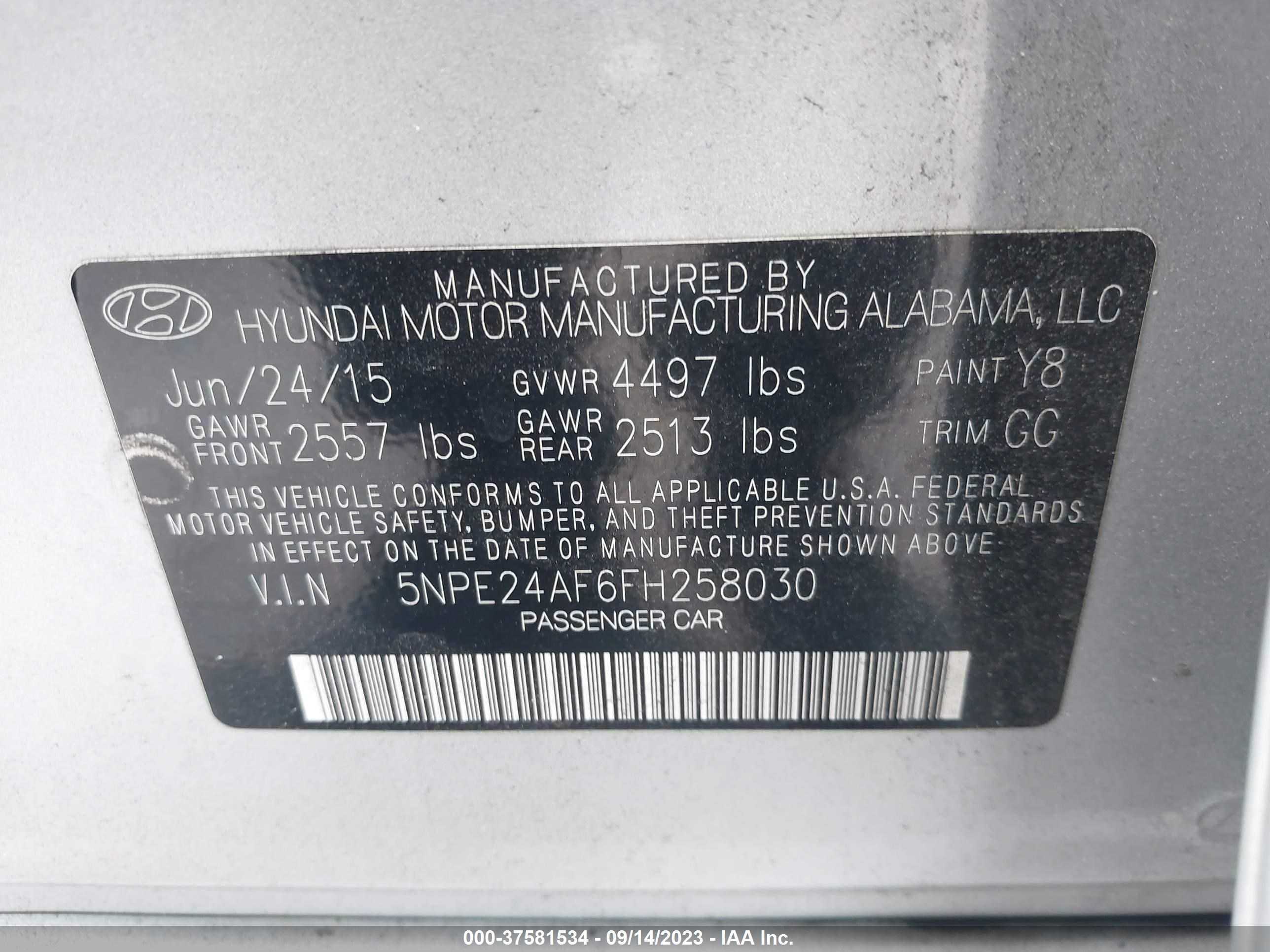 Photo 8 VIN: 5NPE24AF6FH258030 - HYUNDAI SONATA 