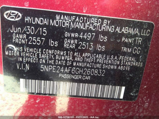 Photo 8 VIN: 5NPE24AF6GH260832 - HYUNDAI SONATA 