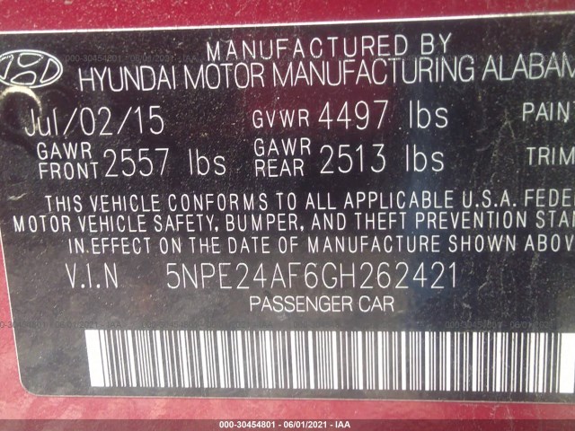 Photo 8 VIN: 5NPE24AF6GH262421 - HYUNDAI SONATA 