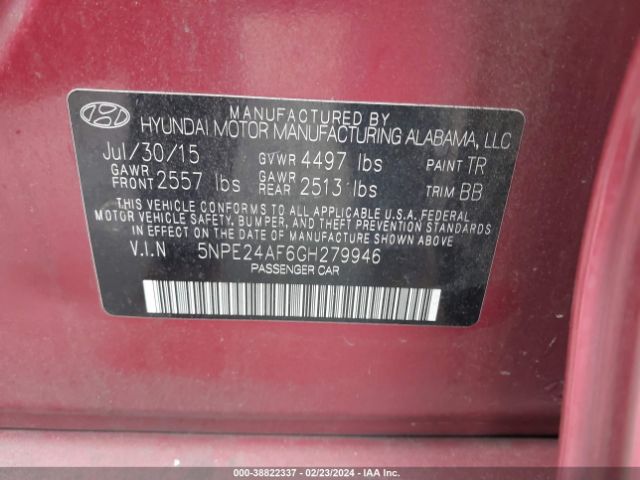 Photo 8 VIN: 5NPE24AF6GH279946 - HYUNDAI SONATA 