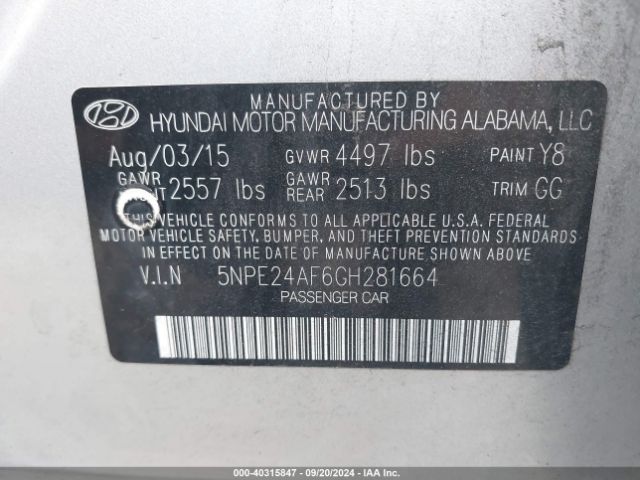 Photo 8 VIN: 5NPE24AF6GH281664 - HYUNDAI SONATA 