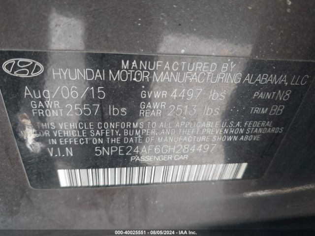 Photo 8 VIN: 5NPE24AF6GH284497 - HYUNDAI SONATA 