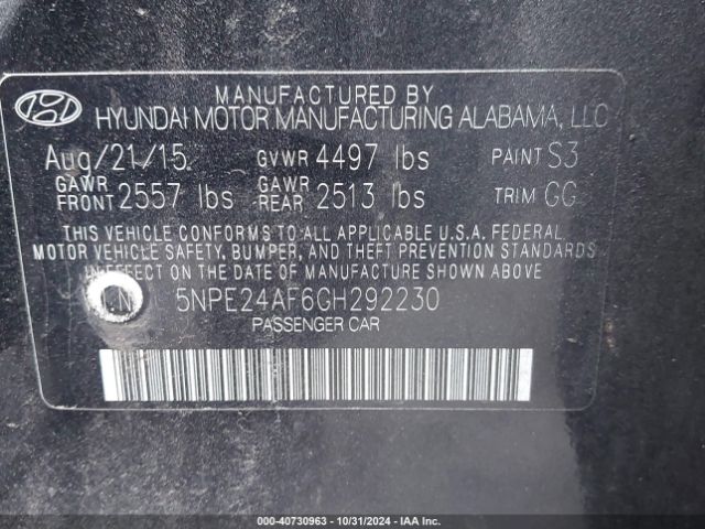 Photo 8 VIN: 5NPE24AF6GH292230 - HYUNDAI SONATA 