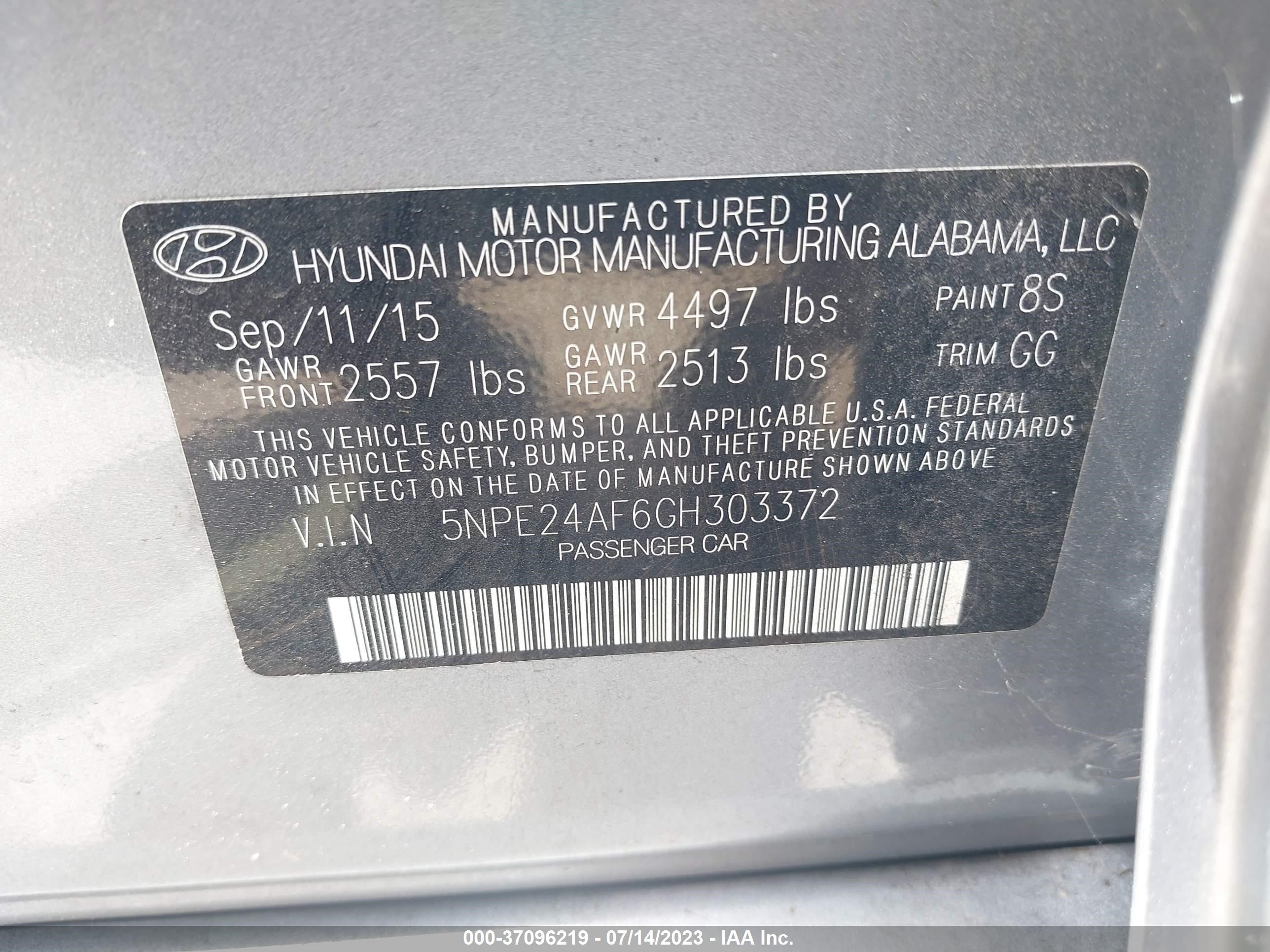 Photo 8 VIN: 5NPE24AF6GH303372 - HYUNDAI SONATA 