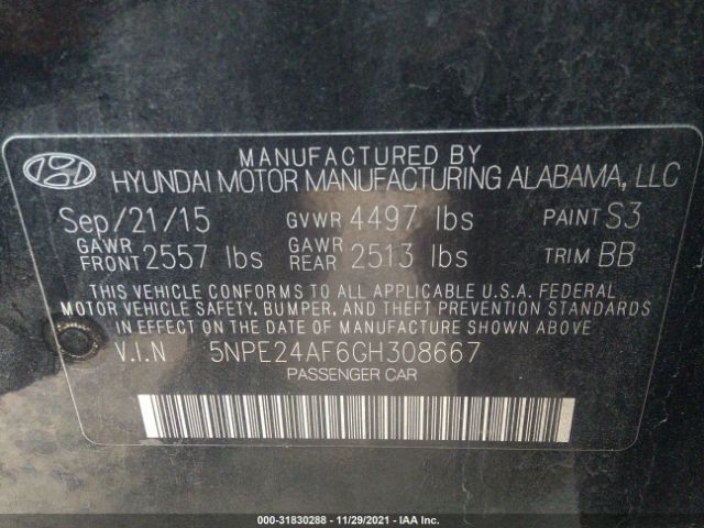 Photo 8 VIN: 5NPE24AF6GH308667 - HYUNDAI SONATA 