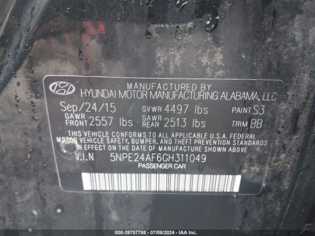 Photo 8 VIN: 5NPE24AF6GH311049 - HYUNDAI SONATA 