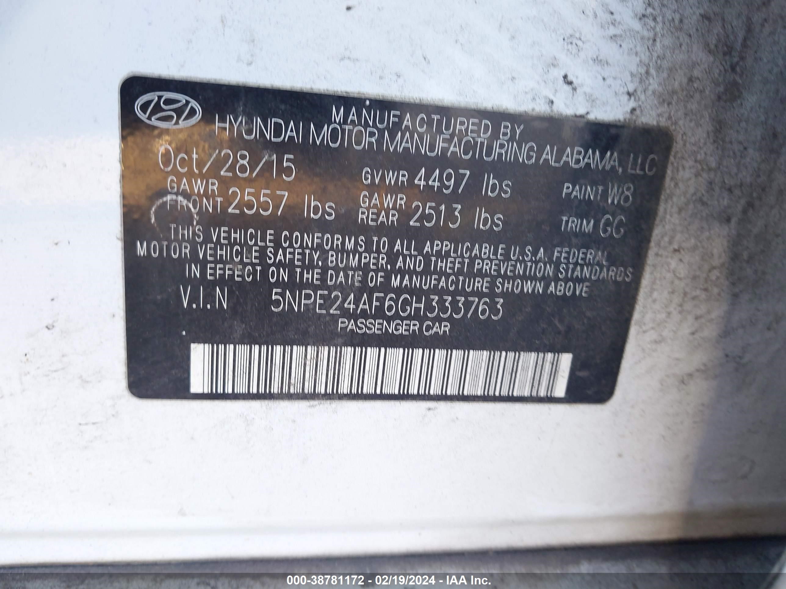 Photo 8 VIN: 5NPE24AF6GH333763 - HYUNDAI SONATA 