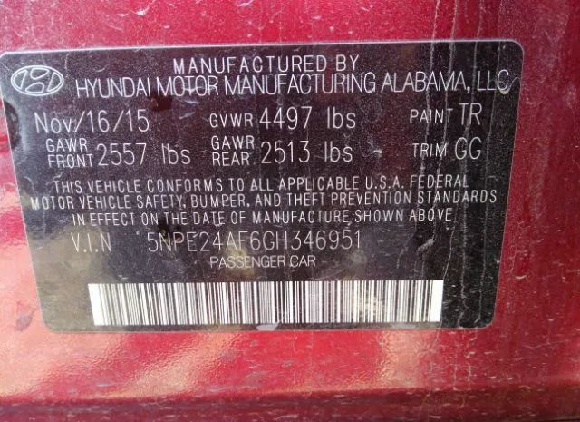 Photo 8 VIN: 5NPE24AF6GH346951 - HYUNDAI SONATA 