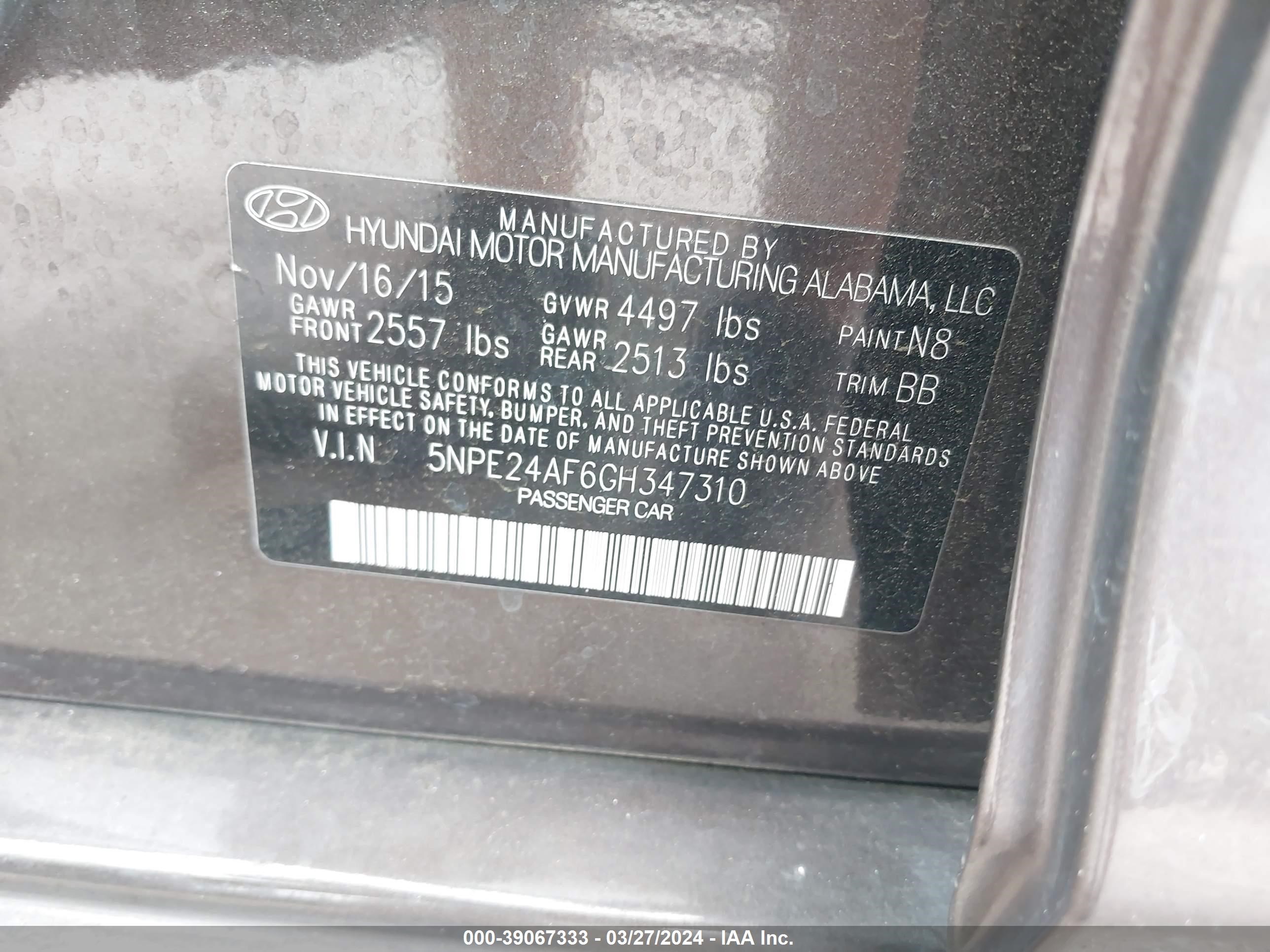 Photo 8 VIN: 5NPE24AF6GH347310 - HYUNDAI SONATA 