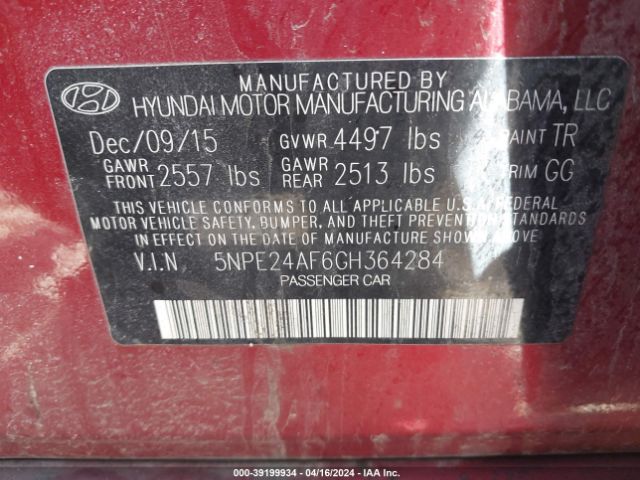 Photo 8 VIN: 5NPE24AF6GH364284 - HYUNDAI SONATA 