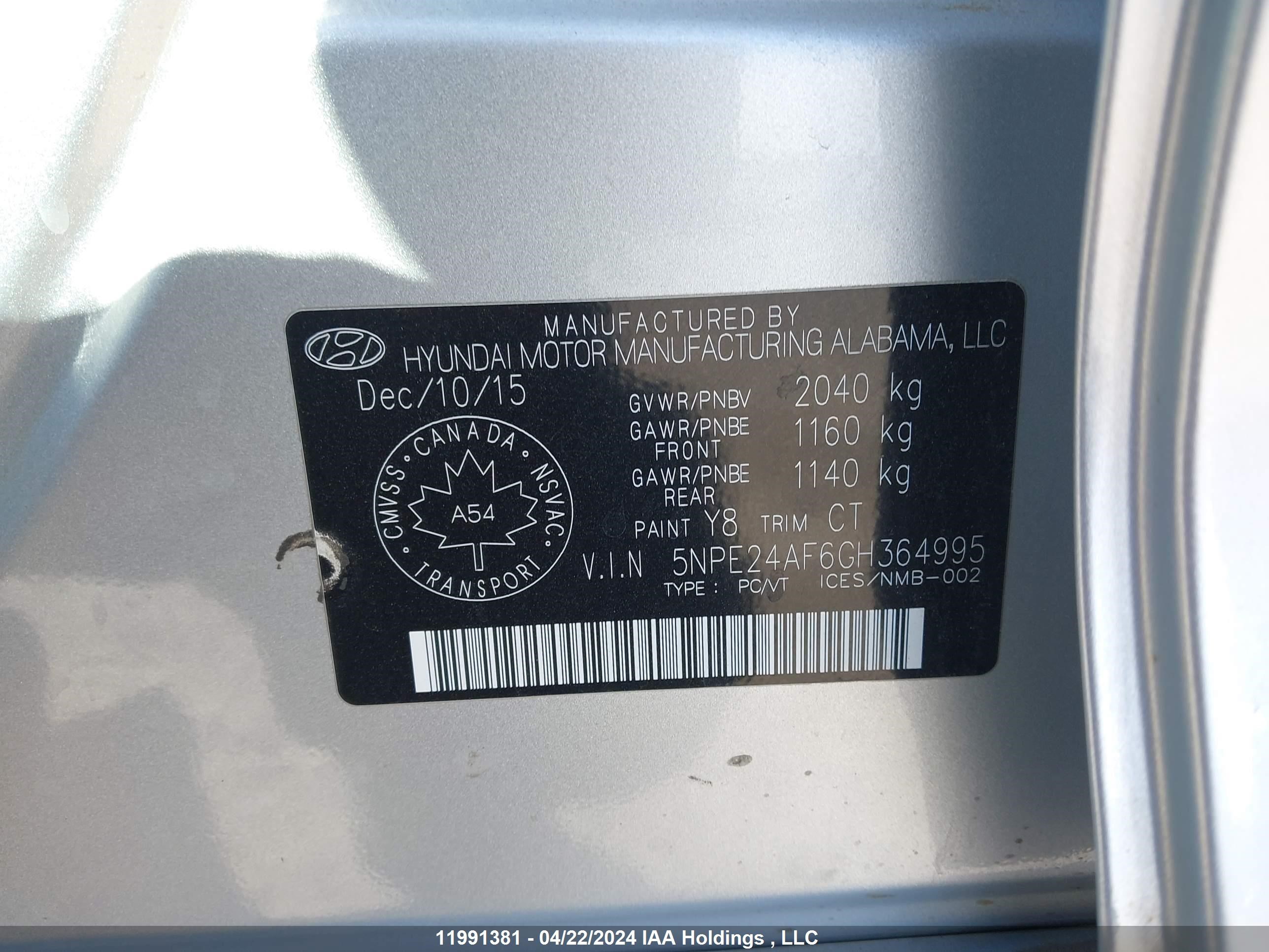 Photo 8 VIN: 5NPE24AF6GH364995 - HYUNDAI SONATA 