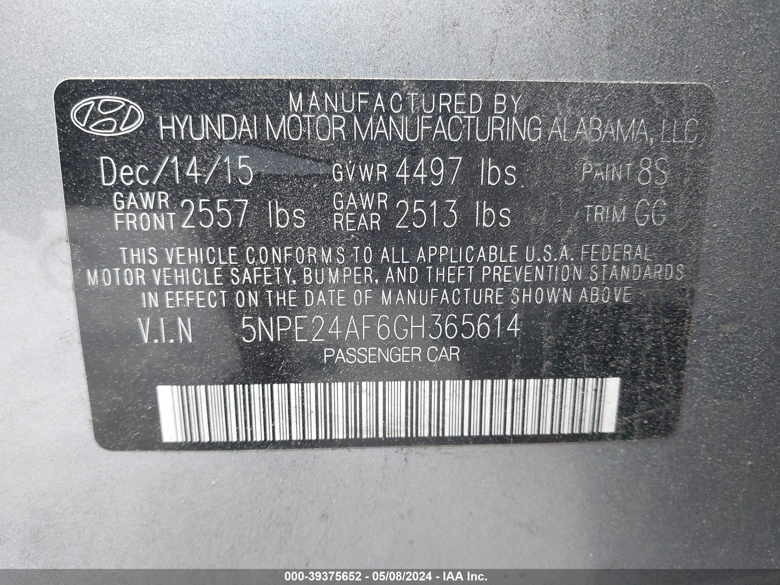 Photo 8 VIN: 5NPE24AF6GH365614 - HYUNDAI SONATA 