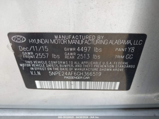 Photo 8 VIN: 5NPE24AF6GH366519 - HYUNDAI SONATA 