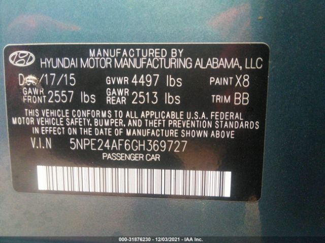 Photo 8 VIN: 5NPE24AF6GH369727 - HYUNDAI SONATA 